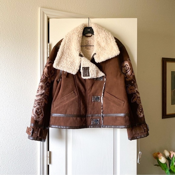 Free People Andies Vegan Moto Jacket Embroidered Floral Brown Bear Small NWT - Picture 2 of 14